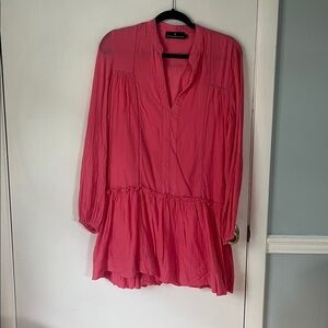 Pomander Place Coral Pink Mini Dress Long Sleeve Tiered Tassel Cotton Medium M